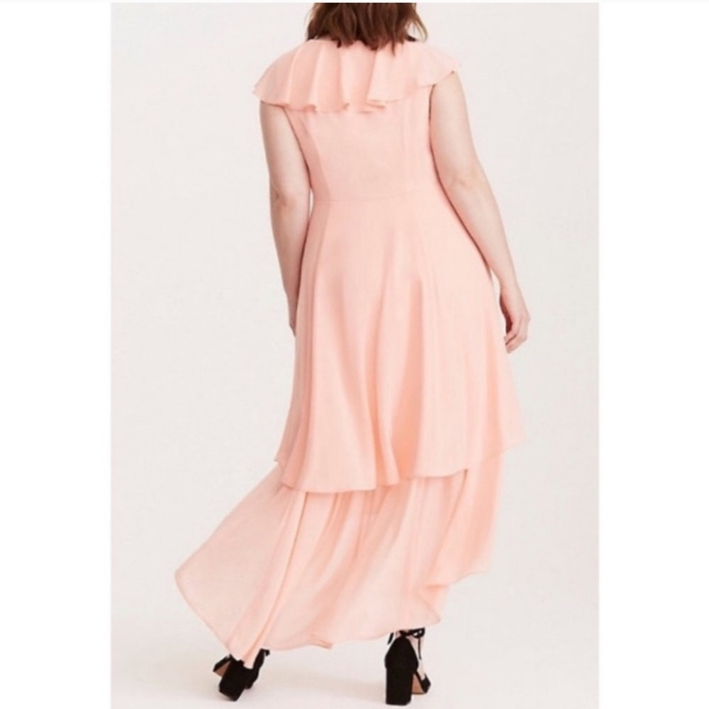 torrid | Apricot Lace Up High Low Ruffle Tier Layered Midi Dress - Picture 2 of 16
